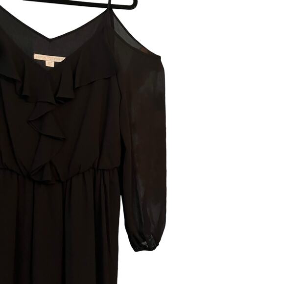 Boston Proper Black Dress Cold Shoulder Sheer Ruffle Front Gathered Waist Sz. 8 - Picture 4 of 12